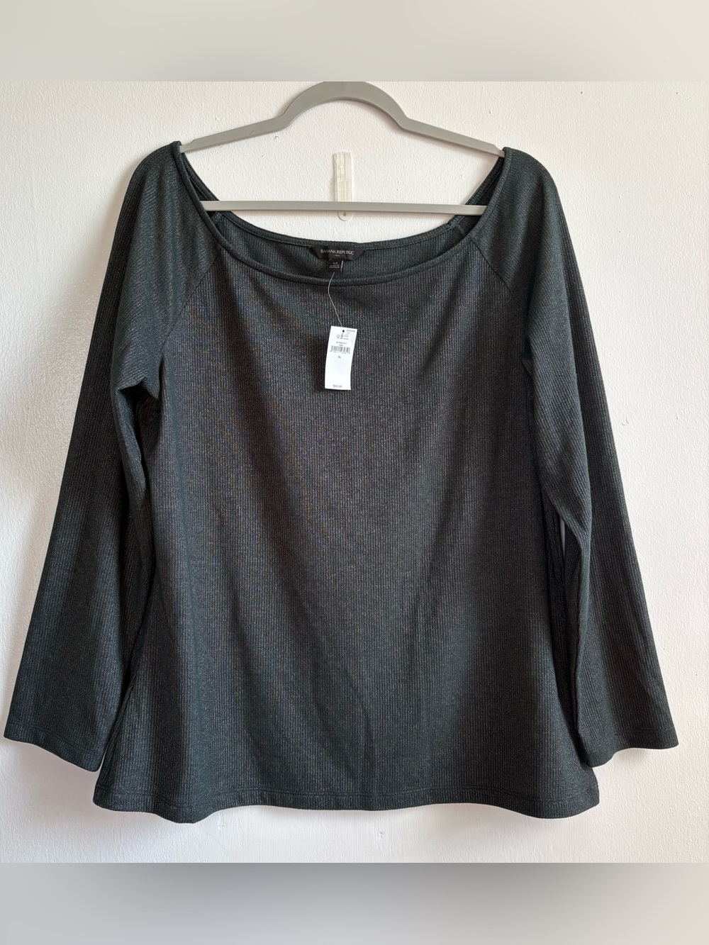 NWT Banana Republic Green Solid Metallic Knit Boat Neck Stretch Top Women’s XL